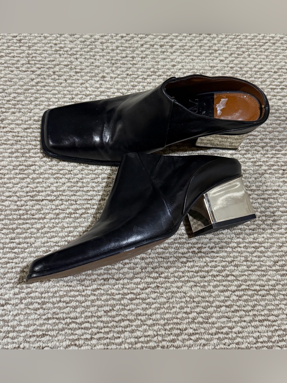 Zara Black Leather Square Toe Mules with Metallic Heel size 39/8
